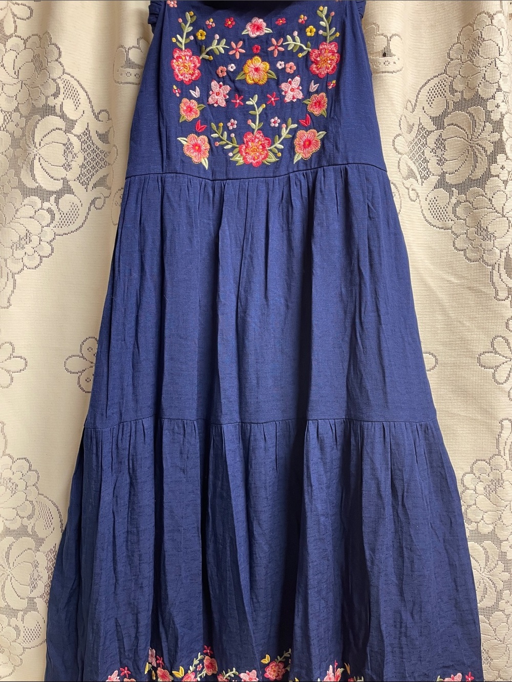 Andree Navy Floral Embroidered Tiered Sun Dress Size Medium